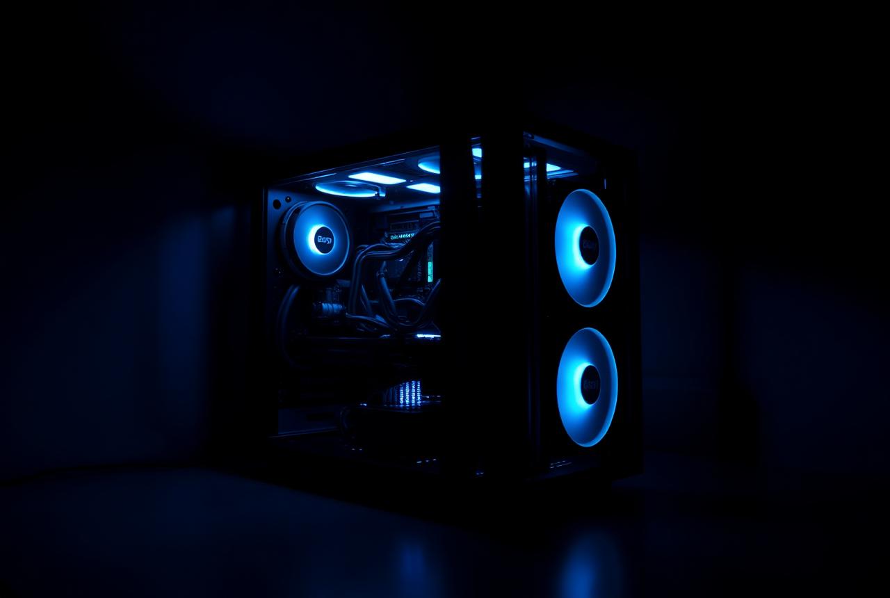 GPU mining rig glowing with cyan LEDs
